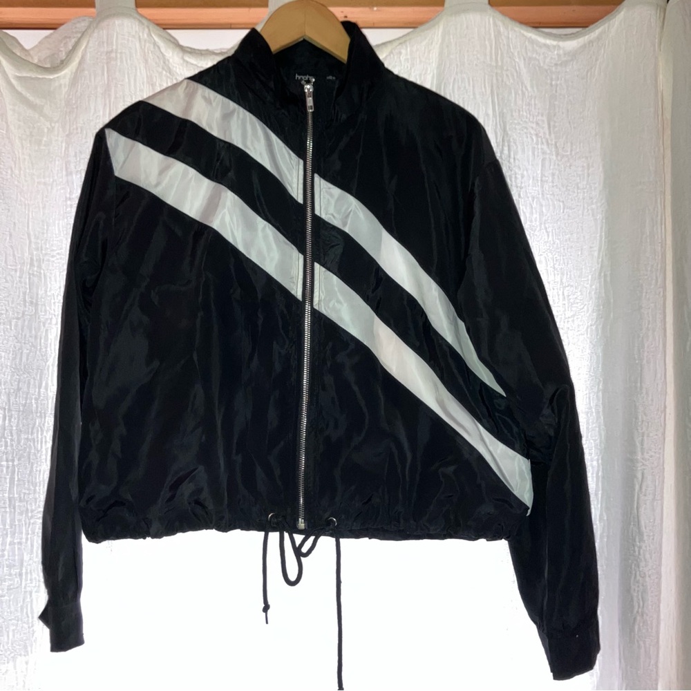 Black Women's Windbreaker Jacket with White Diagonal Reflective Stripes